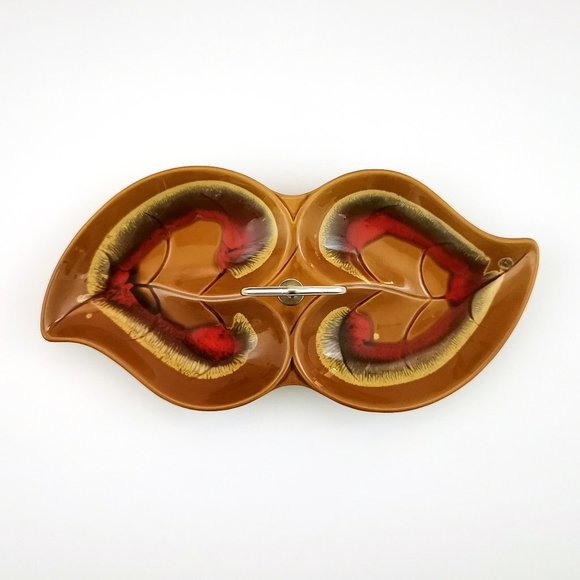 Divided Ceramic Double Leaf Shape Dish with Handle 70s Made in Japan - Picture 1 of 11